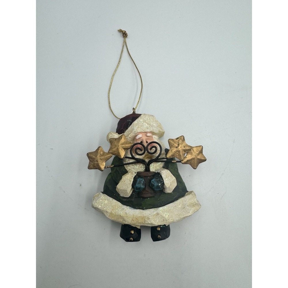 Vintage Whimsical Santa Ornament Green outfit, gold stars Pre Owned